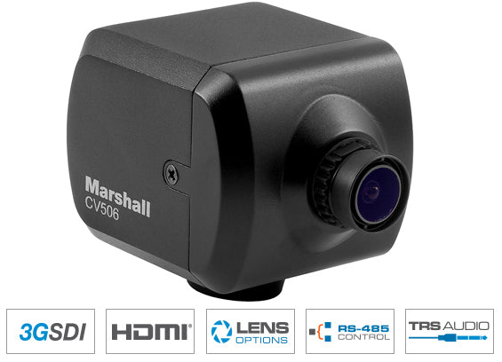 Marshall CV506 Miniature HD Camera for video capture (HDMI 3G/HD-SDI) with Lens - RS485 Adjustable & Audio Embedding