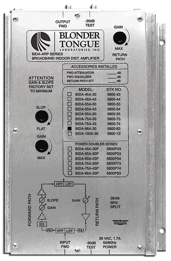 Blonder Tongue BIDA 86A-30 Broadband Indoor Distribution Amplifier 30 dB 49-860 MHz