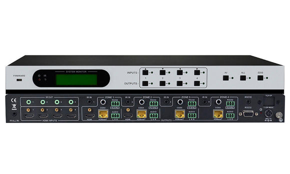 KanexPro HDBASE4X4 4x4 HDBaseT Matrix Switcher with Audio De-embedder & PoE