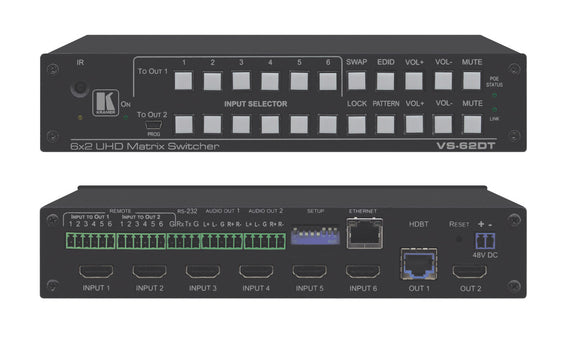 Kramer VS-62DT 6x2 4K60 4:2:0 HDMI/HDBaseT Long-Reach PoE Matrix Switcher