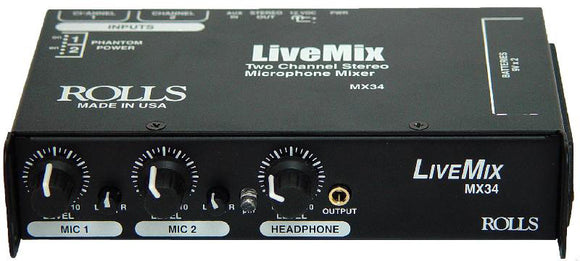 Rolls MX34B Live Mix 2 Channel Mic Mixer 1/8 In and Out