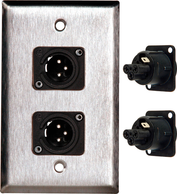 Single-Gang Stainless Steel Wall Plate with 2 Neutrik 3-Pin XLR-M-Terminal Blocks