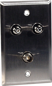 Single-Gang Black Anodized Aluminum Wall Plate with 2 RCA Barrels & 1 BNC Barrel