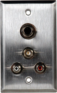 Single-Gang Stainless Steel Plate with 2-RCA Barrels/1-BNC Barrel/1-S-Video Barrel