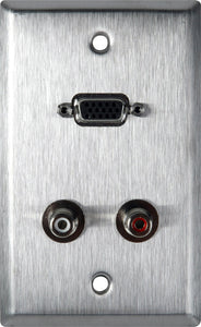 Single-Gang Black Anodized Wall Plate with 15-Pin HD Female Barrel and Dual RCA Barrels