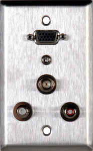 Single-Gang Stainless Plate with 15-Pin HD Female Barrel /2 RCA Barrels/1 Mini Barrel/1 BNC