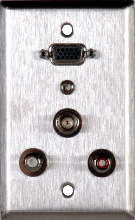 Single-Gang Brown Lexan Plate with 15-Pin HD Female Barrel /2 RCA Barrels/1 Mini Jack/1 BNC