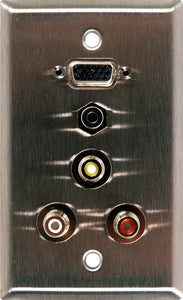 Single-Gang Plate with HD 15-Pin F-Barrel/3 RCA Barrels/1 Mini Jack 3.5mm feedthru