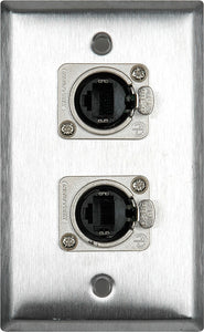 Single-Gang Black Anodized Wall Plate with 2 Neutrik NE8FDP Barrel Connectors