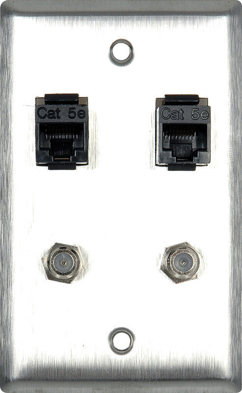 Single-Gang Gray Lexan Wall Plate With 2- RJ45 Barrels & 2- F Coax Barrels