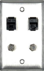 Single-Gang Brass Wall Plate With 2- RJ45 Barrels & 2- F Coax Barrels