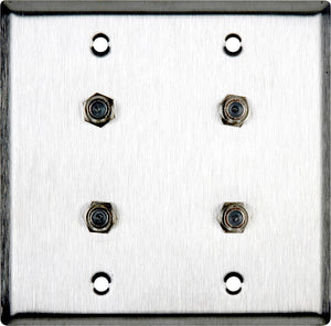 Double-Gang Brass Wall Plate with 4 F- Female Barrel Connectors