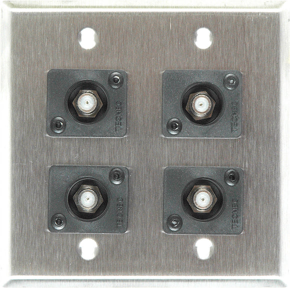 Double-Gang Stainless Wall Plate with 4 Front Recessed F- Female Barrel Connectors