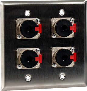 Double-Gang White Lexan Wall Plate with 4 Neutrik NJ3FP6C Stereo 1/4 Latching Jacks