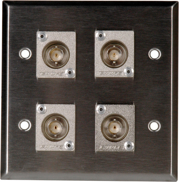 Double-Gang Brass Wall Plate with 4 Canare BCJ-JRU Recessed BNC Barrels