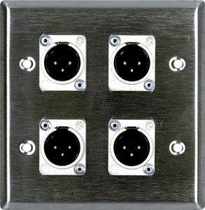 Double-Gang Black Anodized Wall Plate with 4 Neutrik XLR 3-Pin Male Connectors