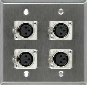 Double-Gang Black Anodized Wall Plate with 4 Neutrik Latching 3-Pin XLR-Fs