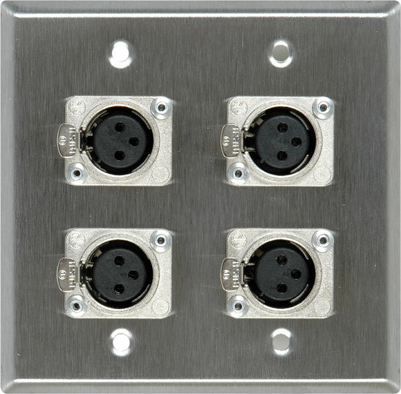 Double-Gang Gray Lexan Wall Plate with 4 Neutrik Latching 3-Pin XLR