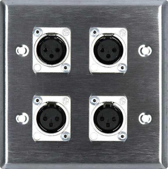 Double-Gang Stainless Steel Wall Plate with 4 Latchless 3-Pin XLR Females