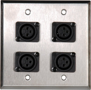 Double-Gang Stainless Steel Wall Plate with 4 Plastic Latchless 3-Pin XLR-Fs