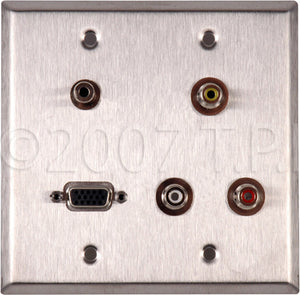 Double-Gang Wall Plate with Three PF-PFCM Rca Feed-Thru One HD15 One 3.5 Mini Feed Thru