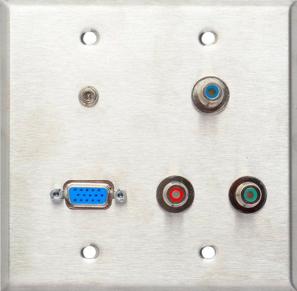 Double-Gang Stainless Steel Wall Plate with 1-HD15F/3-RCA Barrels and 1-3.5 Stereo Mini Jack