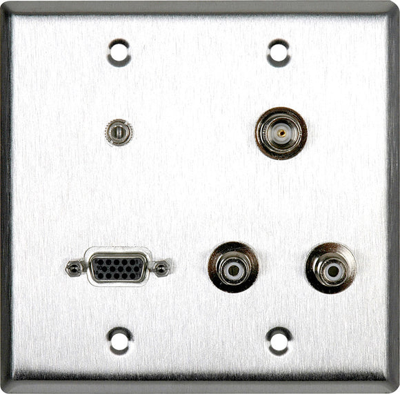 Double-Gang Stainless Wall Plate with 1-HD15F/1-BNC/2-RCA Barrels and 1-3.5 Stereo Mini Jack