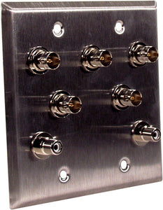 Double-Gang Black Anodized Wall Plate with 5 BNC RGBHV Barrels & 2-RCA Barrels