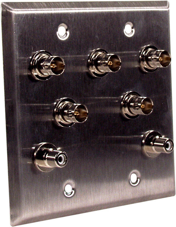 Double-Gang Stainless Steel Wall Plate with 5 BNC RGBHV Barrels & 2-RCA Barrels