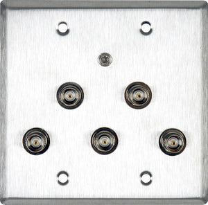 Double-Gang Stainless Steel Wall Plate with 5 BNC RGBHV Barrels & 1-3.5mm Stereo Mini Jack