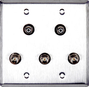 Double-Gang Brass Wall Plate with 3 BNC RGB Barrels & 2- RCA Barrels