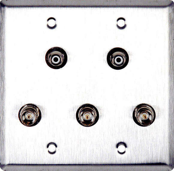 Double-Gang Stainless Steel Wall Plate with 3 BNC RGB Barrels & 2- RCA Barrels