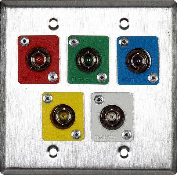 Double-Gang Stainless Wall Plate with 5 Color Coaded TecNec RE-BFBL Feed Thru BNCs