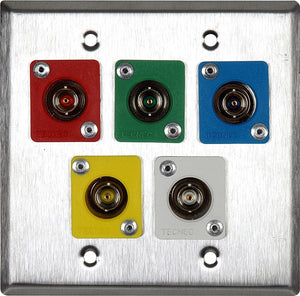 Double-Gang Clear Anodized Wall Plate with 5 Color Coaded TecNec RE-BFBL Feed Thru BNCs