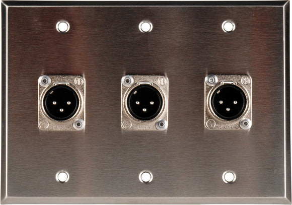 Triple Gang Brass Wall Plate with 3 Neutrik Latching 3-Pin XLR Males