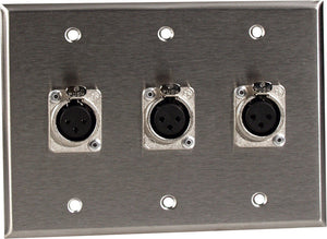 Triple Gang Black Anodized Wall Plate with 3 Latching Neutrik 3-Pin XLR-Fs