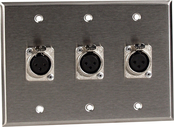 Triple Gang Black Anodized Wall Plate with 3 Latching Neutrik 3-Pin XLR-Fs