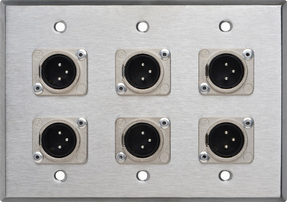 Triple Gang Stainless Steel Wall Plate with 6 Latching Neutrik 3-Pin XLR Males