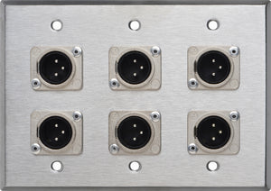 Triple Gang Brass Wall Plate with 6 Latching Neutrik 3-Pin XLR Males