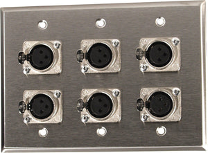 Triple Gang White Lexan Wall Plate with 6 Latching Neutrik 3-Pin XLR Females