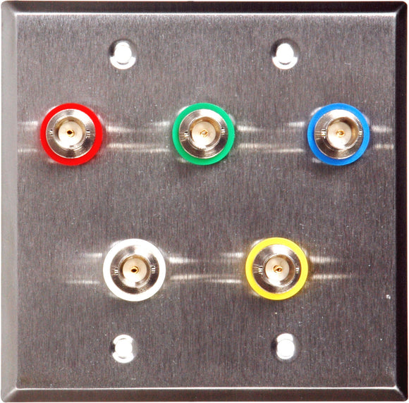 Double-Gang Clear Anodized Wall Plate with 5 Color Coded Canare BNC Barrels